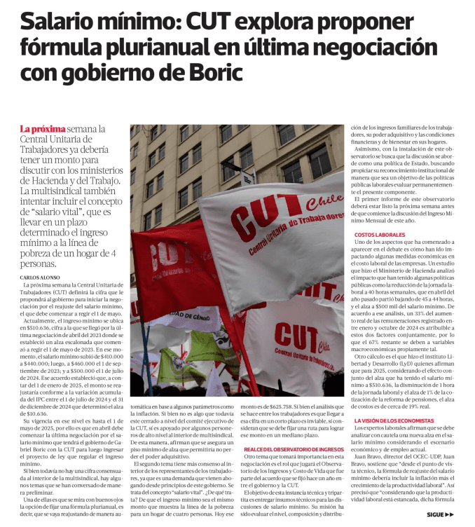 Salario mínimo: CUT explora proponer fórmula plurianual en última negociación con gobierno de Boric 