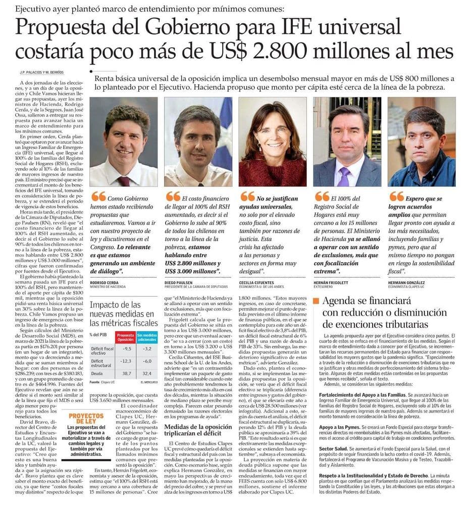 Propuesta del Gobierno para IFE universal costaría poco más de US$ 2.800 millones al mes