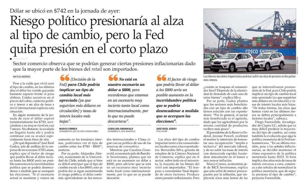Riesgo político presionaría al alza al tipo de cambio, pero la Fed quita presión en el corto plazo