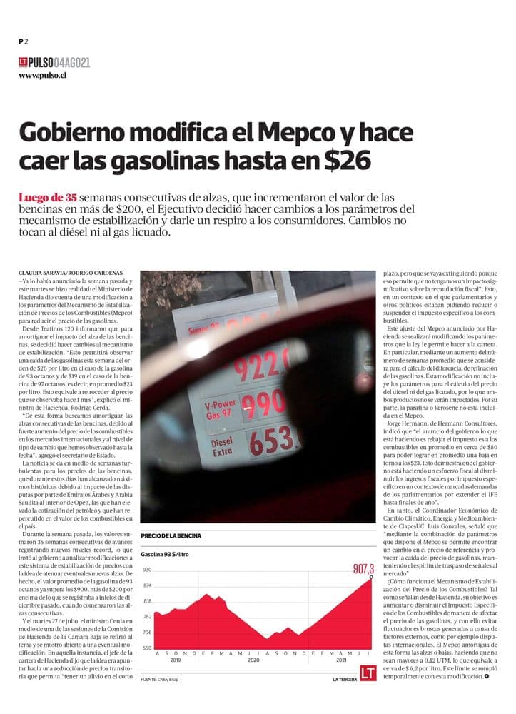 Gobierno modifica el Mepco y hace caer las gasolinas hasta en $26