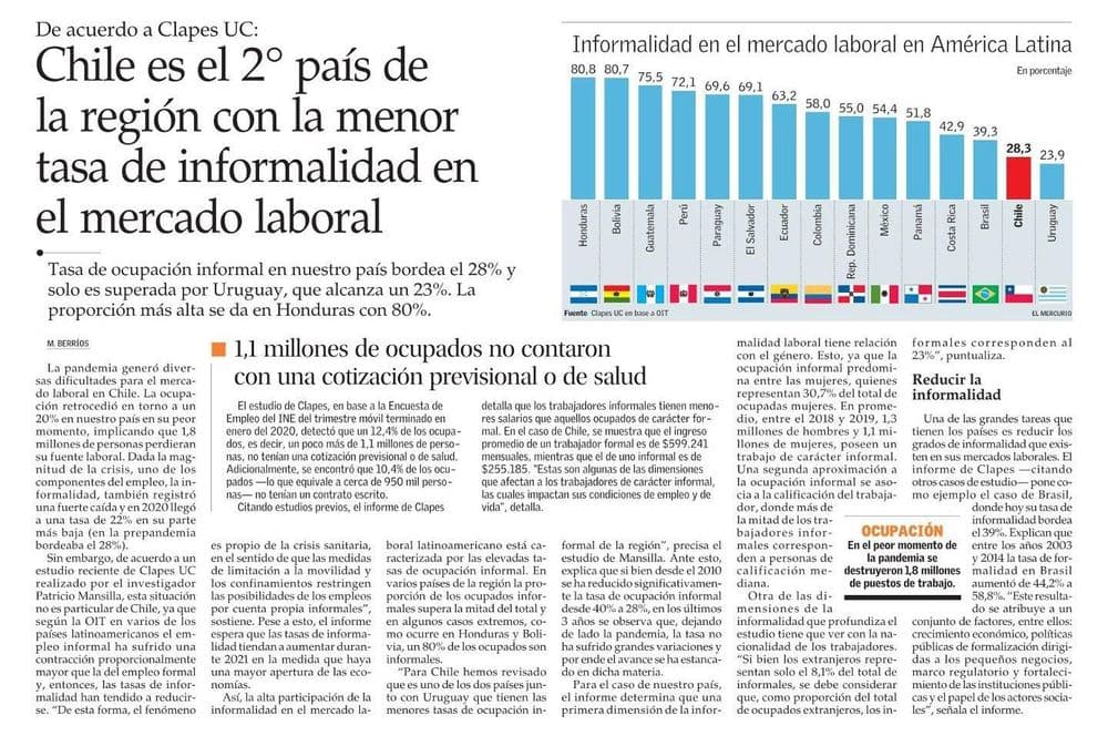 Chile es el 2° país de con la menor la región tasa de informalidad en el mercado laboral
