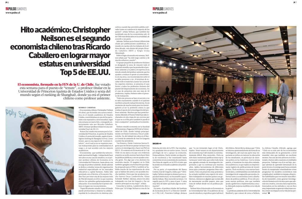 Mención a Sergio Urzúa en nota: Hito académico: Christopher Neilson es el segundo economista chileno tras Ricardo Caballero en lograr mayor estatus en universidad Top 5 de EE.UU.