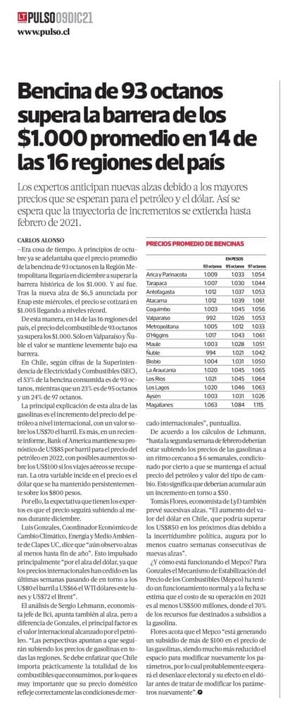 Bencina de 93 octanos supera la barrera de los $1.000 promedio en 14 de las 16 regiones del país