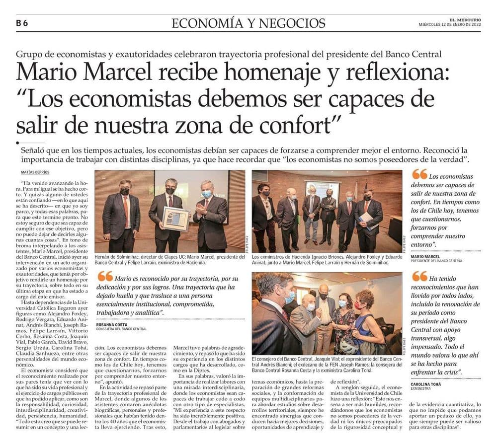 Mario Marcel recibe homenaje y reflexiona: “Los economistas debemos ser capaces de salir de nuestra zona de confort”