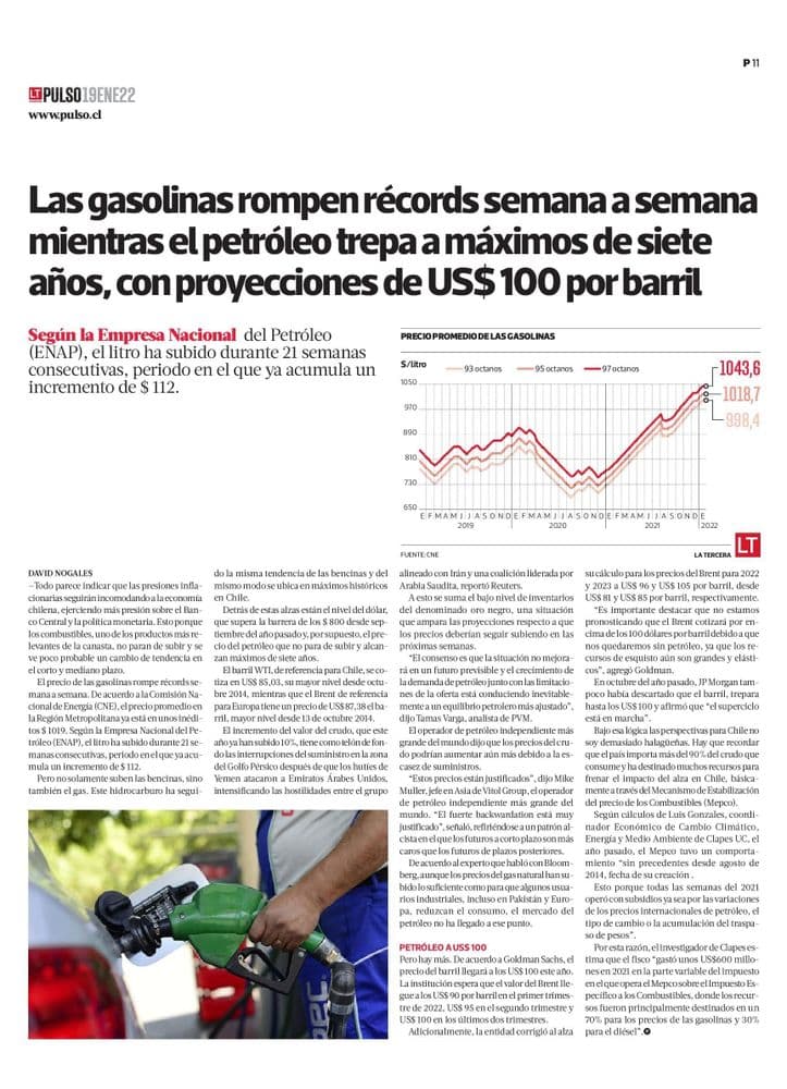 Las gasolinas rompen récords semana a semana mientras el petróleo trepa a máximos de siete años, con proyecciones de US$ 100 por barril