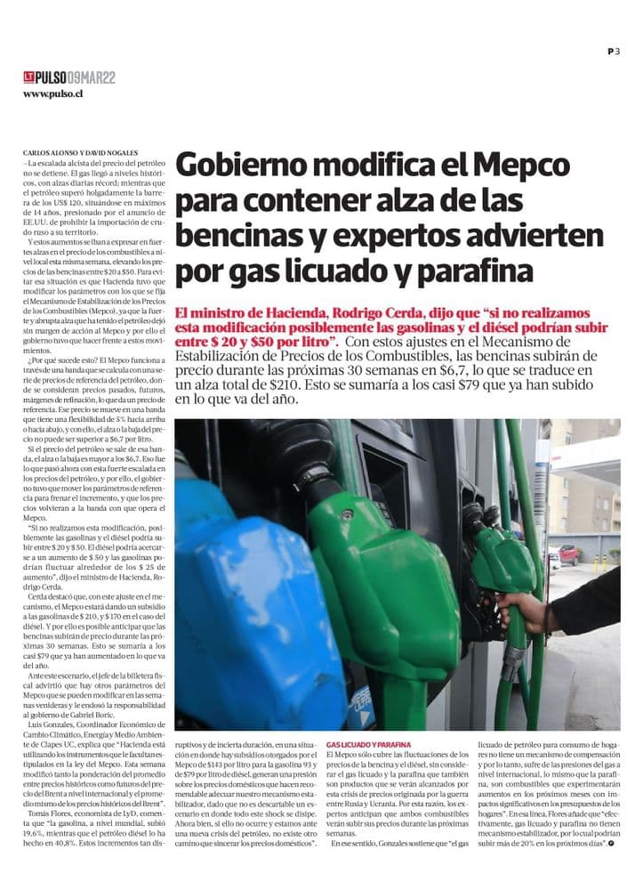Gobierno modifica el Mepco para contener alza de las bencinas y expertos advierten por gas licuado y parafina