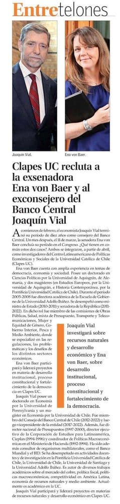 Clapes UC recluta a la exsenadora Ena von Baer y al exconsejero del Banco Central Joaquín Vial