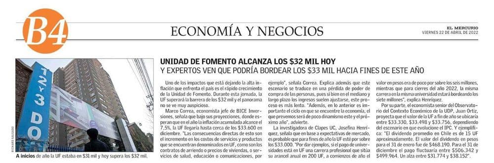 Unidad de fomento alcanza los $32 mil hoy y expertos ven que podría bordear los $33 mil hacia fines de este año