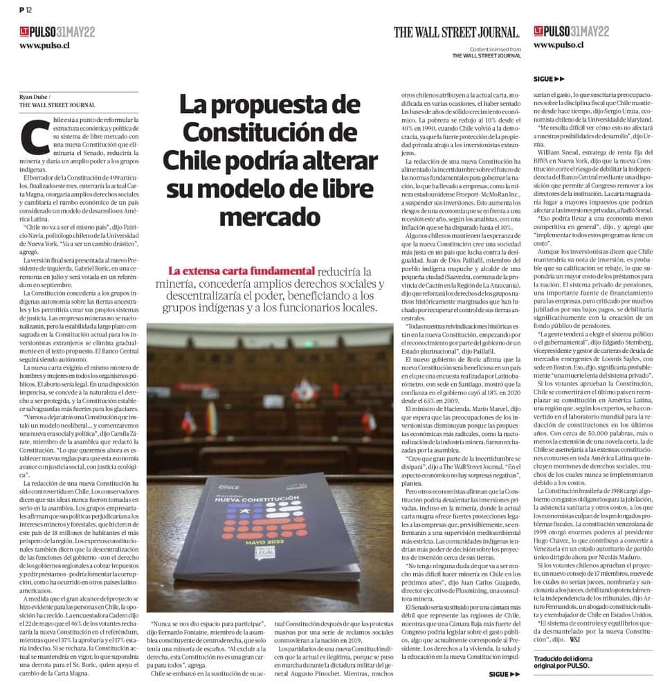 La propuesta de Constitución de Chile podría alterar su modelo de libre mercado
