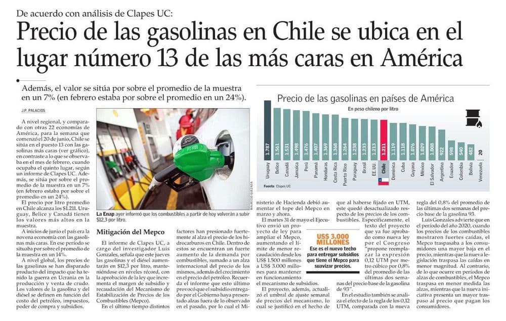 Precio de las gasolinas en Chile se ubica en el lugar número 13 de las más caras en América
