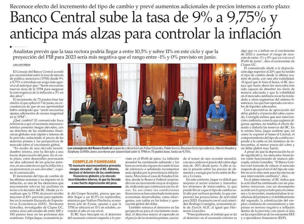 Banco Central sube la tasa de 9% a 9,75% y anticipa más alzas para controlar la inflación