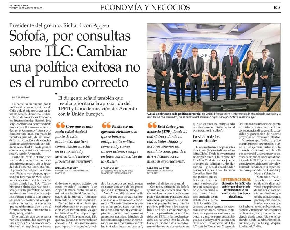 Sofofa, por consultas sobre TLC: Cambiar una política exitosa no es el rumbo correcto
