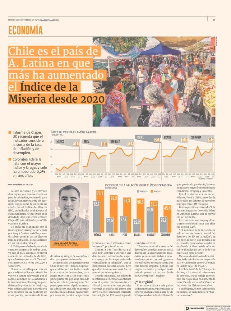 Chile es el país de A. Latina en que más ha aumentado el Índice de la Miseria desde 2020