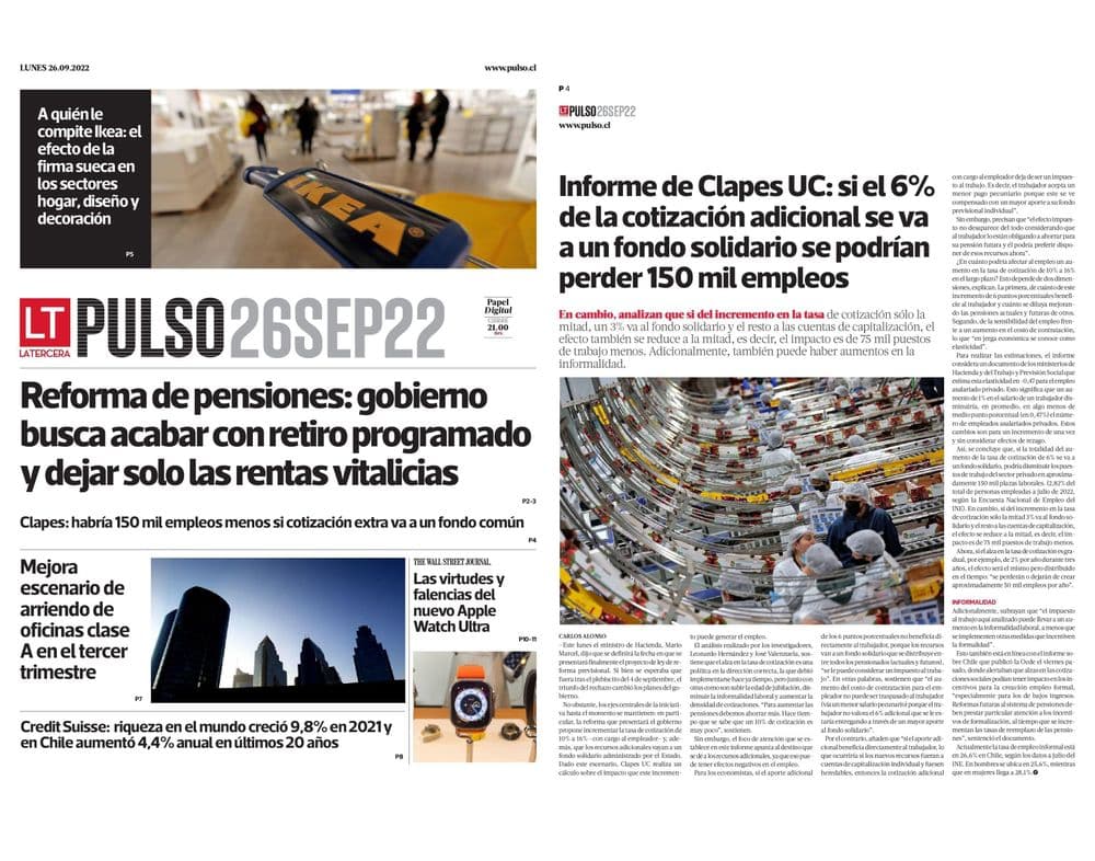 Informe de Clapes UC: si el 6% de la cotización adicional se va aun fondo solidario se podrían perder 150 mil empleos