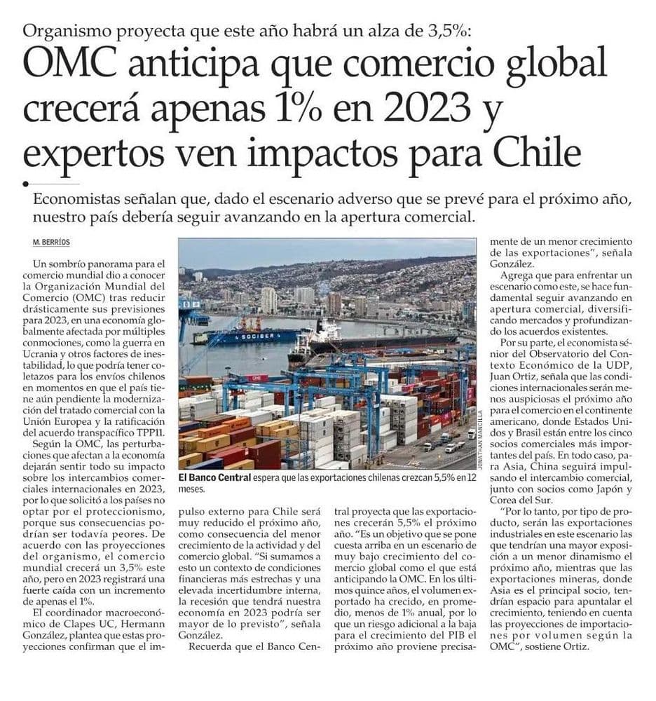 OMC anticipa que comercio global crecerá apenas 1% en 2023 y expertos ven impactos para Chile