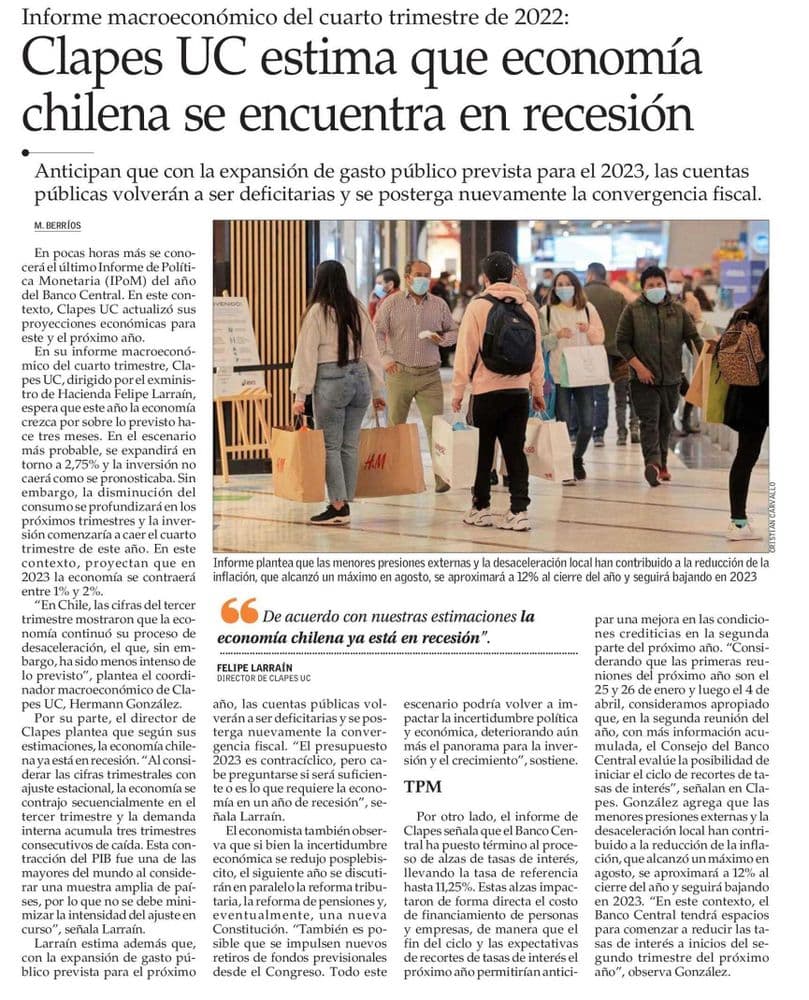 Clapes UC estima que economía chilena se encuentra en recesión