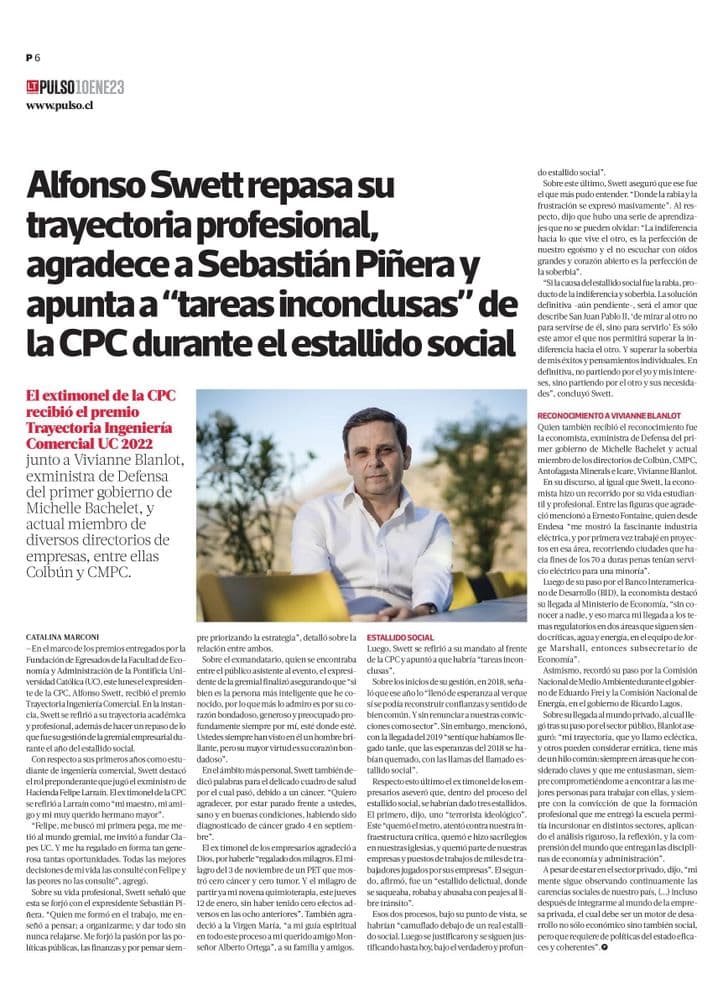 Alfonso Swett repasa su trayectoria profesional, agradece a Sebastián Piñera y apunta a “tareas inconclusas” de la CPC durante el estallido social