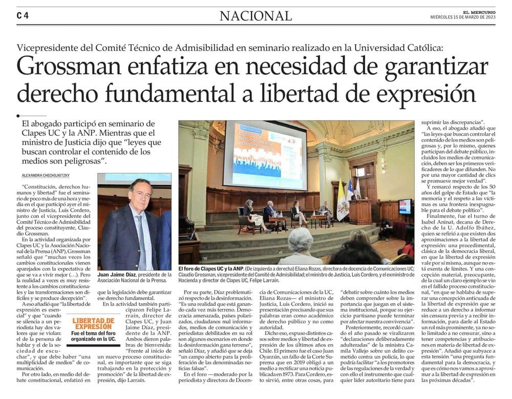 Grossman enfatiza en necesidad de garantizar derecho fundamental a libertad de expresión