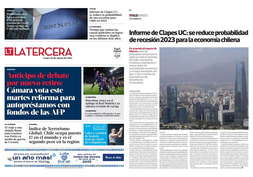 Informe de Clapes UC: se reduce probabilidad de recesión 2023 para la economía chilena