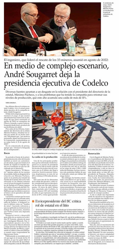 En medio de complejo escenario, André Sougarret deja la presidencia ejecutiva de Codelco