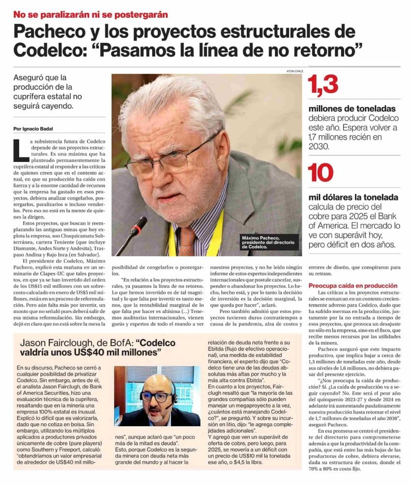 Pacheco y los proyectos estructurales de Codelco: “Pasamos la línea de no retorno”