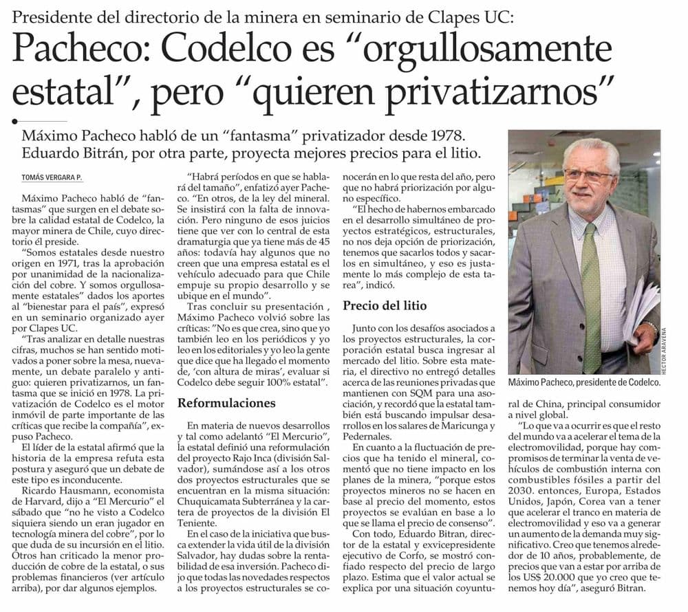 Pacheco: Codelco es “orgullosamente estatal”, pero “quieren privatizarnos”