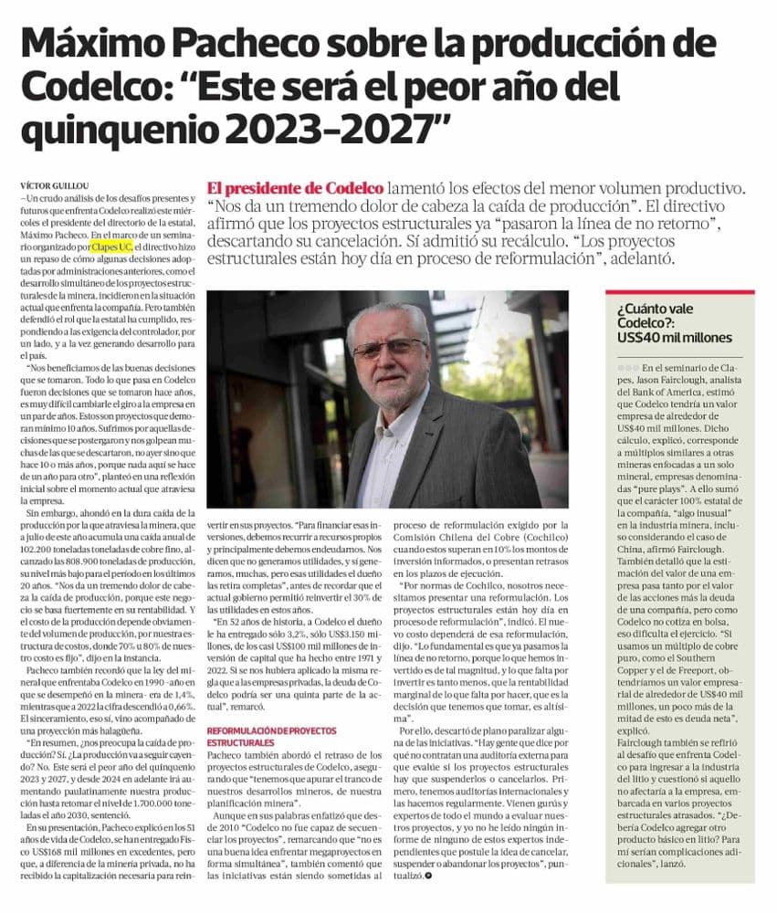 Máximo Pacheco sobre la producción de Codelco: “Este será el peor año del quinquenio 2023-2027"