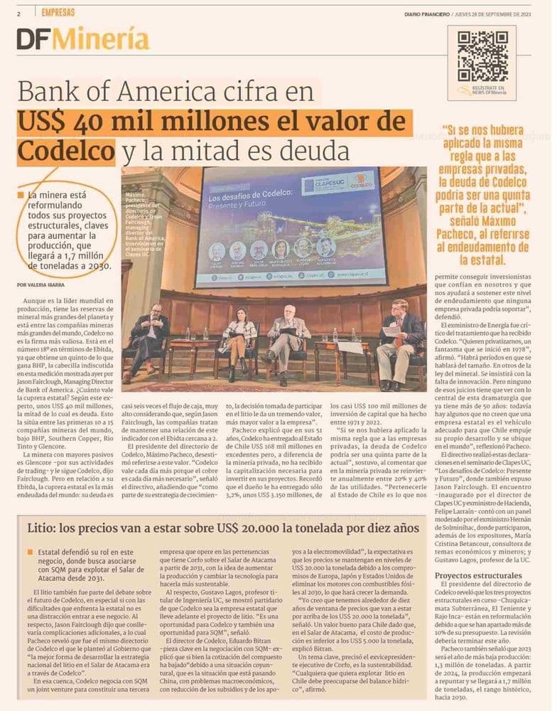 Bank of America cifra en USS 40 mil millones el valor de Codelco y la mitad es deuda