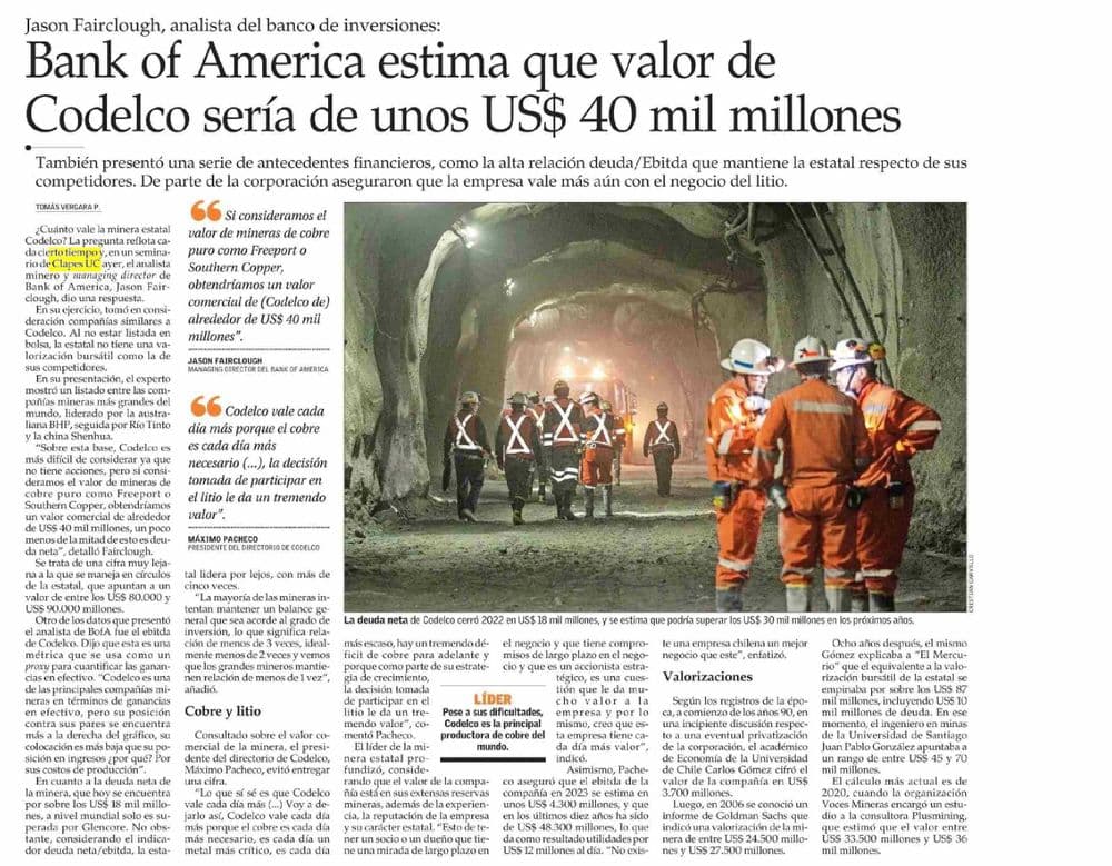 Bank of America estima que valor de Codelco sería de unos US$ 40 mil millones