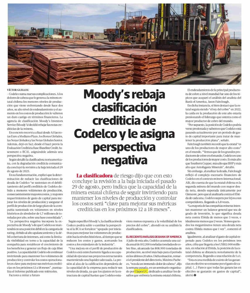 Moody’s rebaja clasificación crediticia de Codelco y le asigna perspectiva negativa