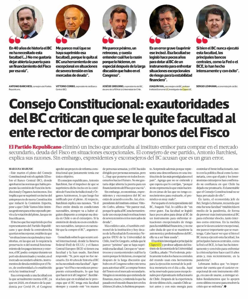 Consejo Constitucional: exautoridades del BC critican que se le haya quitado facultad al instituto emisor de comprar bonos del Fisco