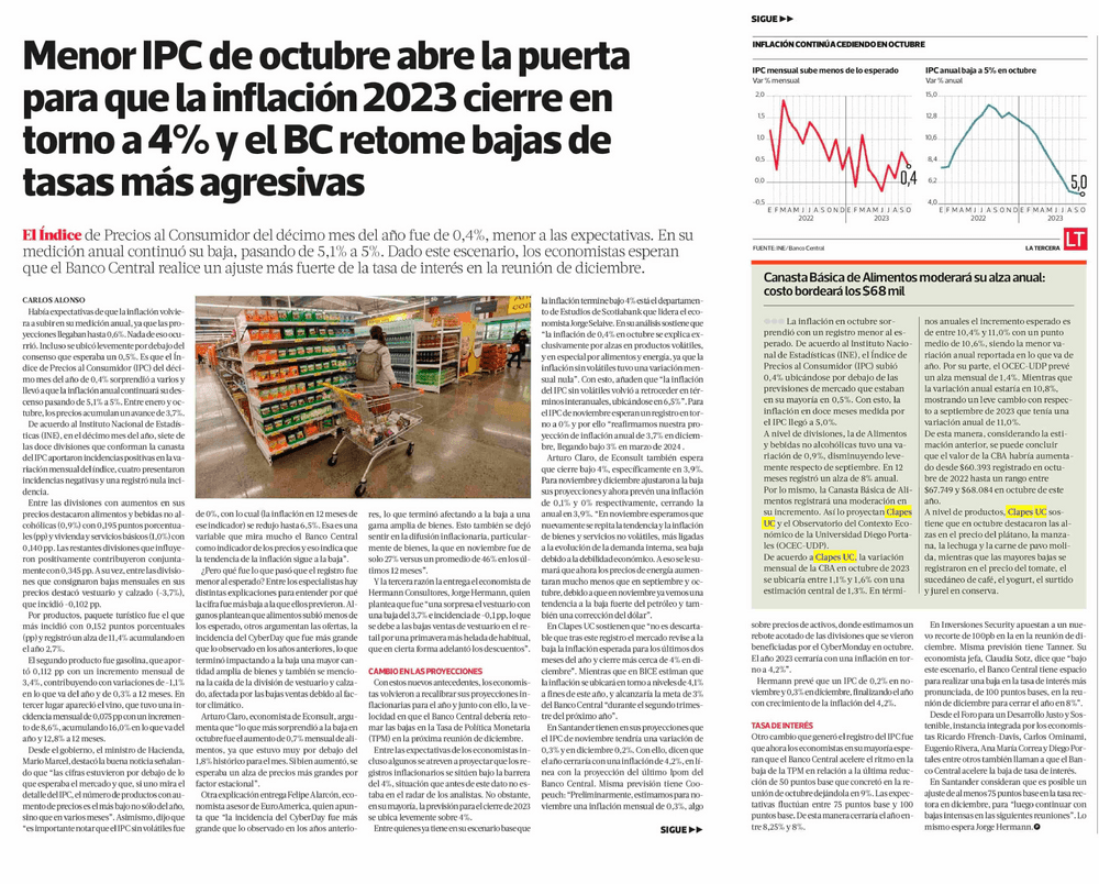 Menor IPC de octubre abre la puerta para que la inflación 2023 cierre en torno a 4% y el BC retome bajas de tasas más agresivas