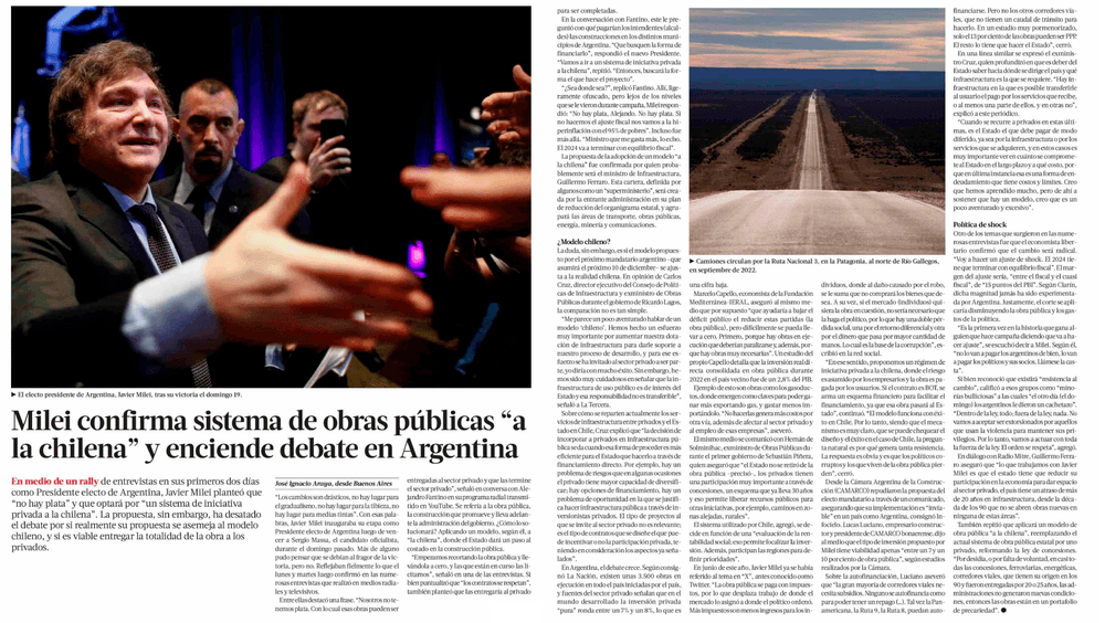 Milei confirma sistema de obras públicas “a la chilena” y enciende debate en Argentina