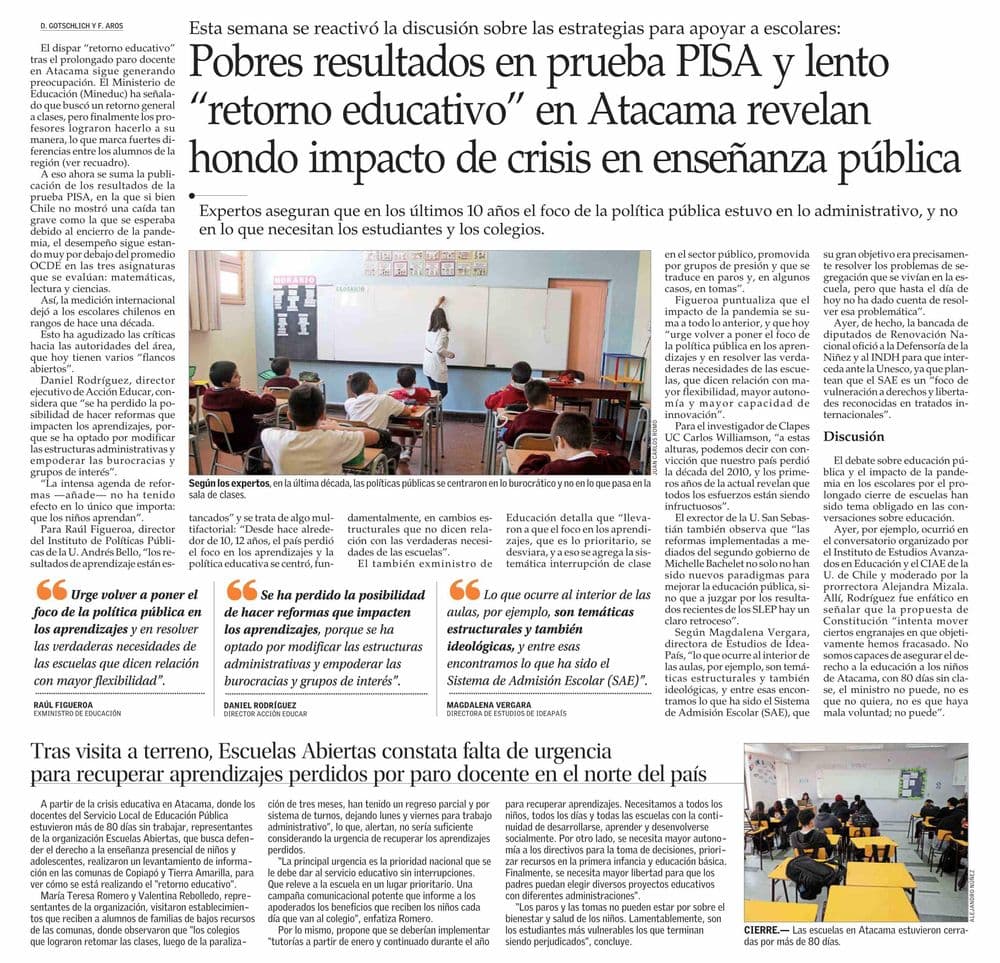Pobres resultados en prueba PISA y lento “retorno educativo” en Atacama revelan hondo impacto de crisis en enseñanza pública