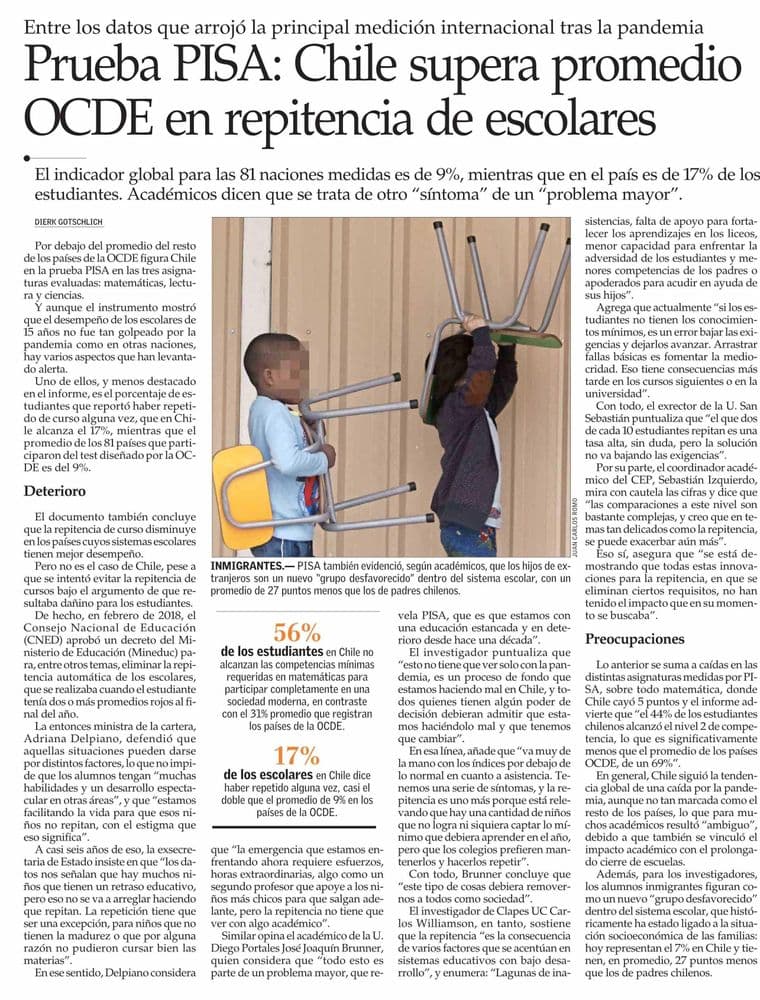 Prueba PISA: Chile supera promedio OCDE en repitencia de escolares