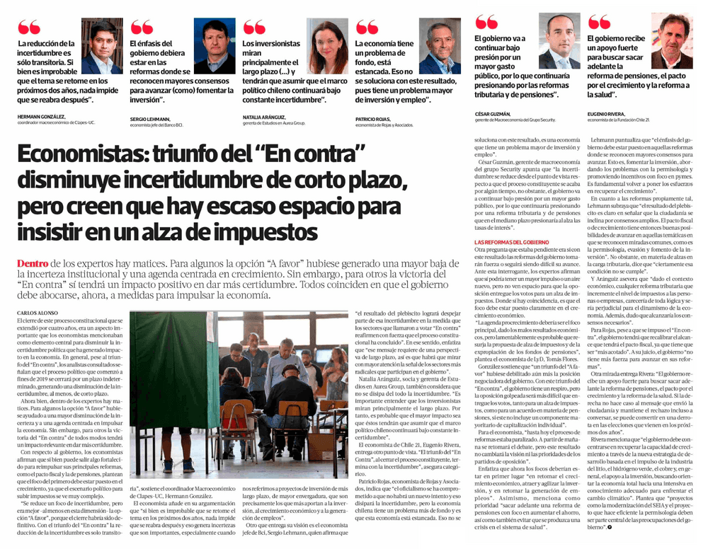 Economistas: triunfo del “En contra” disminuye incertidumbre de corto plazo, pero creen que hay escaso espacio para insistir en un alza de impuestos