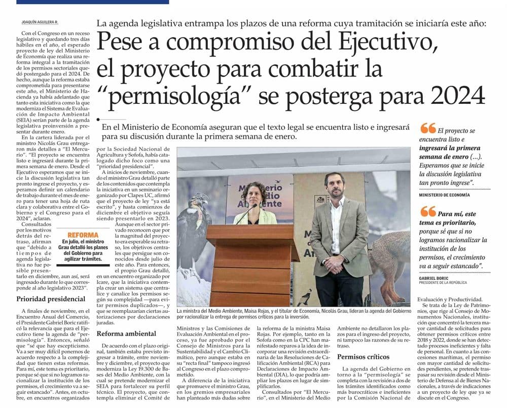 Pese a compromiso del Ejecutivo, el proyecto para combatir la "permisología" se posterga para 2024