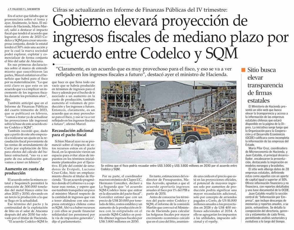 Gobierno elevará proyección de ingresos fiscales de mediano plazo por acuerdo entre Codelco y SQM