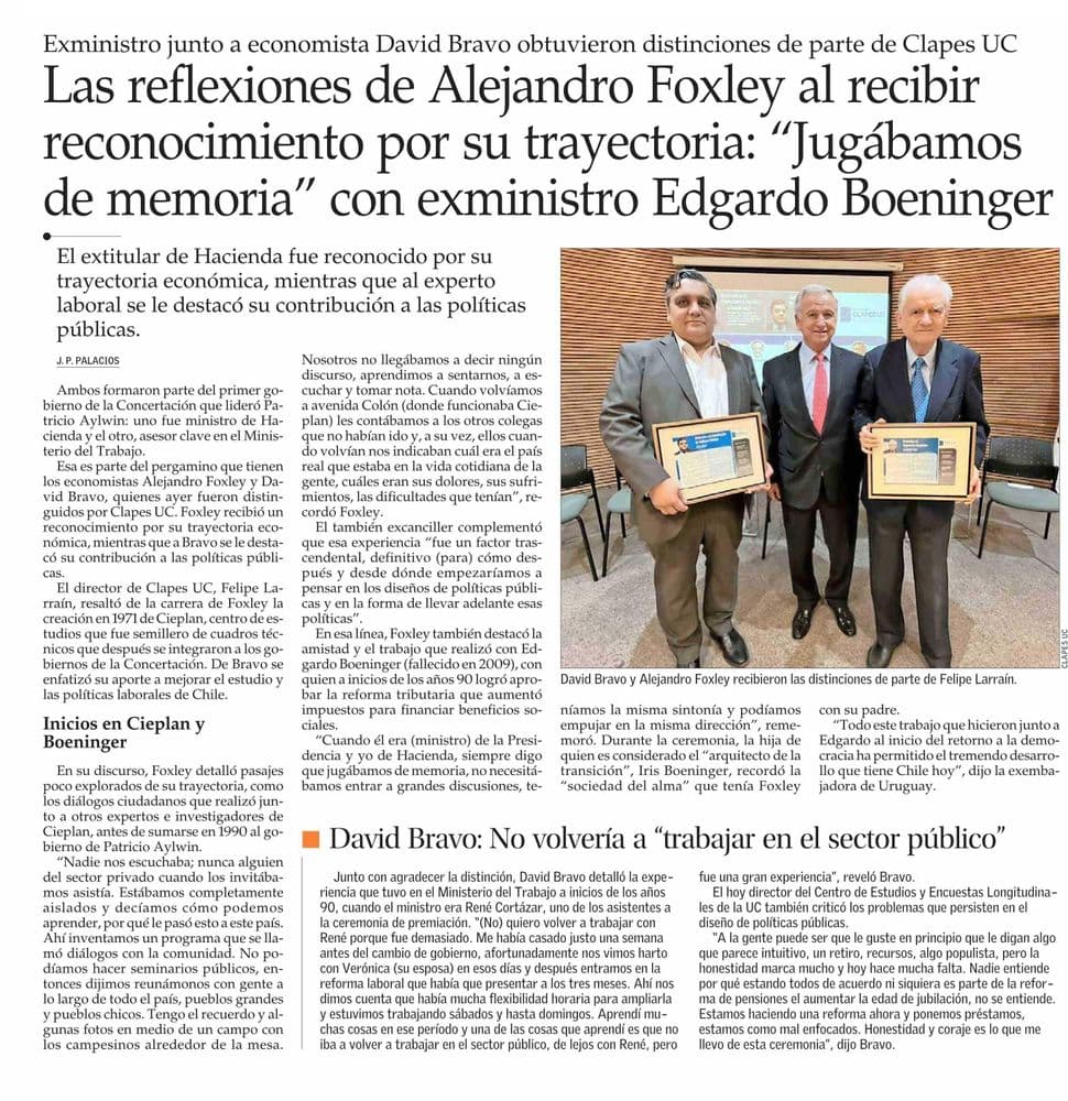 Las reflexiones de Alejandro Foxley al recibir reconocimiento por su trayectoria: “Jugábamos de memoria” con exministro Edgardo Boeninger