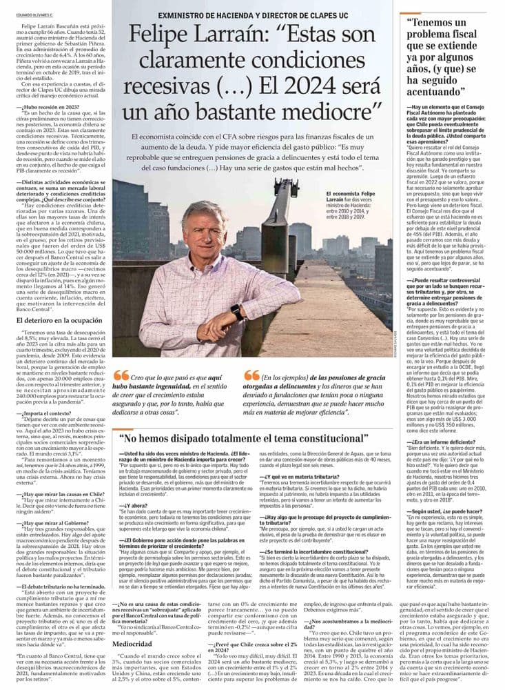 Felipe Larraín: “Estas son claramente condiciones recesivas (...) El 2024 será un año bastante mediocre”