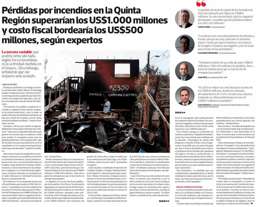 Pérdidas por incendios en la Quinta Región superarían los US$1.000 millones y costo fiscal bordearía los US$500 millones, según expertos