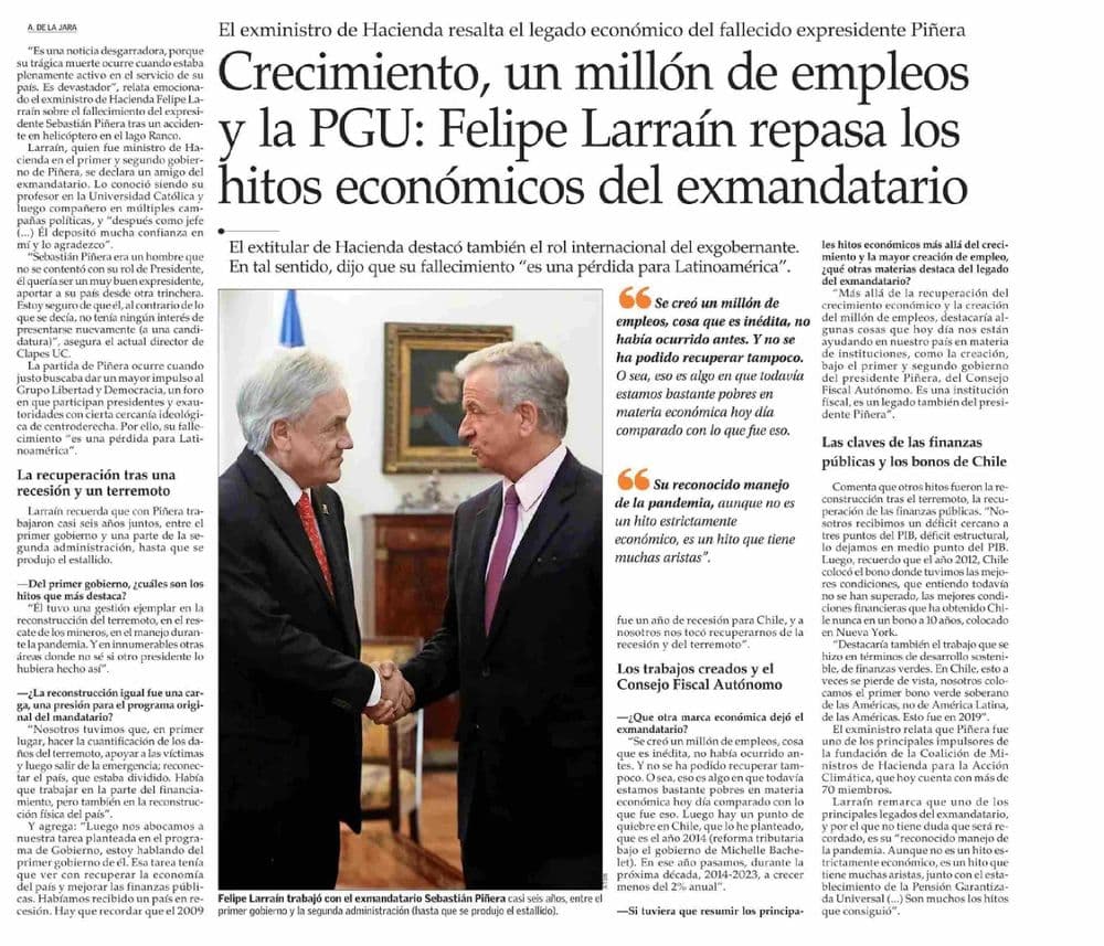 Crecimiento, un millón de empleos y la PGU: Felipe Larraín repasa los hitos económicos del exmandatario