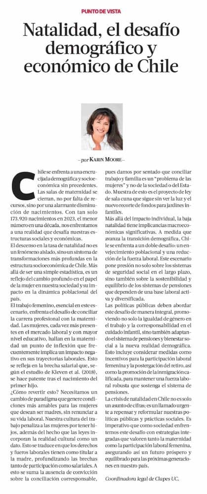 La columna de Karin Moore: “Natalidad, el desafío demográfico y económico de Chile”
