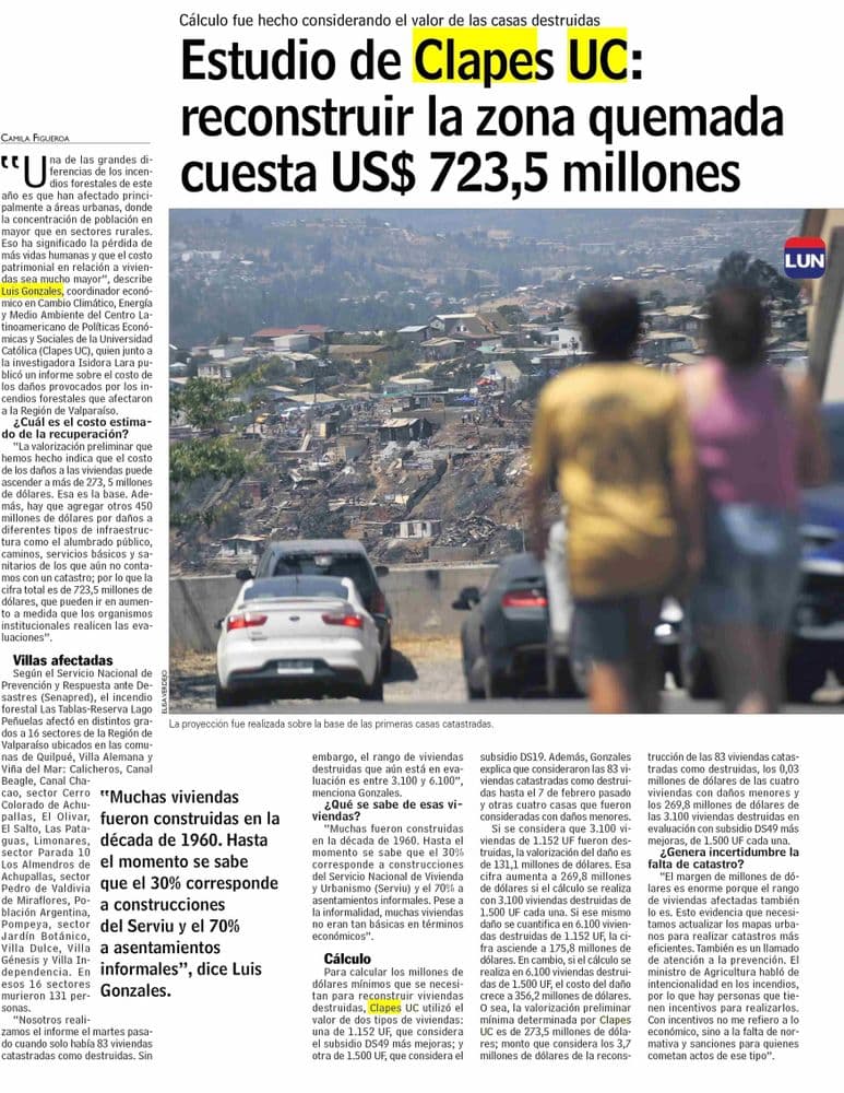 Estudio de CLAPES UC: reconstruir la zona quemada cuesta US$ 723,5 millones