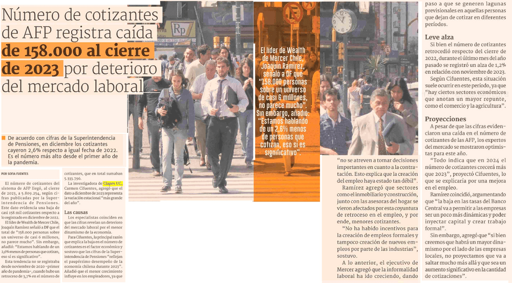 Número de cotizantes de AFP registra caída de 158.000 al cierre de 2023 por deterioro del mercado laboral