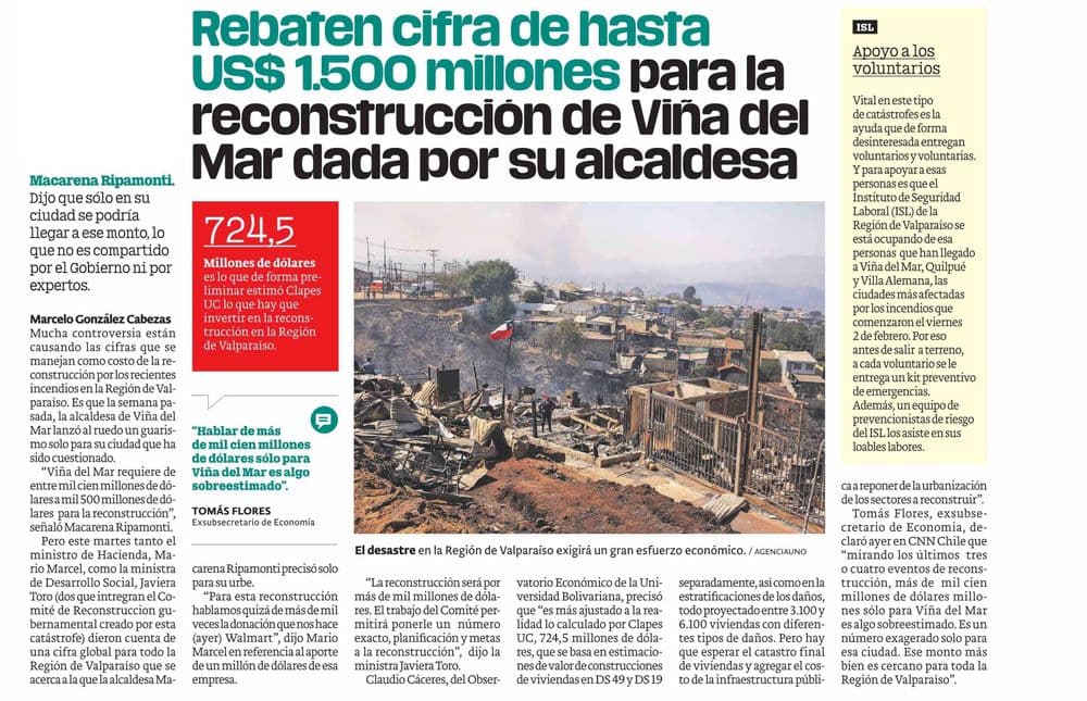 Rebaten cifra de hasta US$ 1.500 millones para la reconstrucción de Viña del Mar dada por su alcaldesa