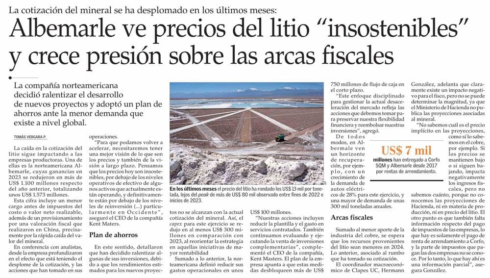Albemarle ve precios del litio “insostenibles” y crece presión sobre las arcas fiscales