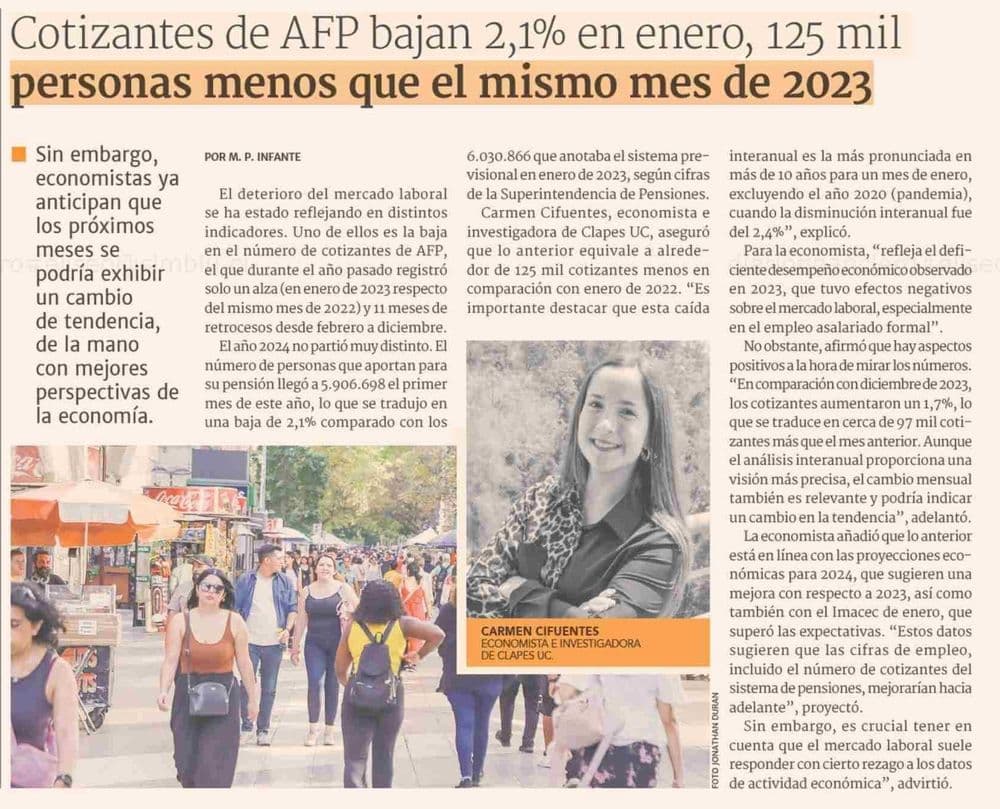Cotizantes de AFP bajan 2,1% en enero, 125 mil personas menos que el mismo mes de 2023
