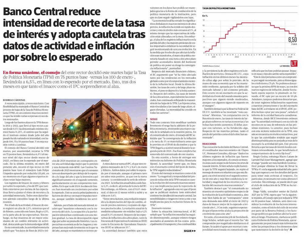Banco Central reduce intensidad de recorte de la tasa de interés y adopta cautela tras datos de actividad e inflación por sobre lo esperado