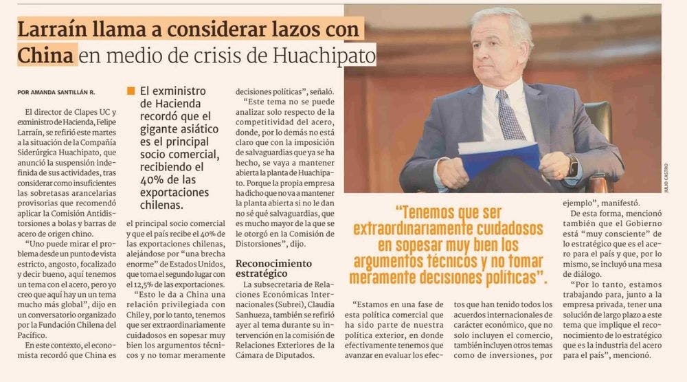 Felipe Larraín llama a considerar fuertes lazos con China en medio de crisis de Huachipato y pide "no tomar meramente decisiones políticas"
